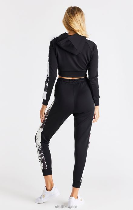 облекло SikSilk черна суичър с качулка с флорален панел с ръкави Жени 486F8114