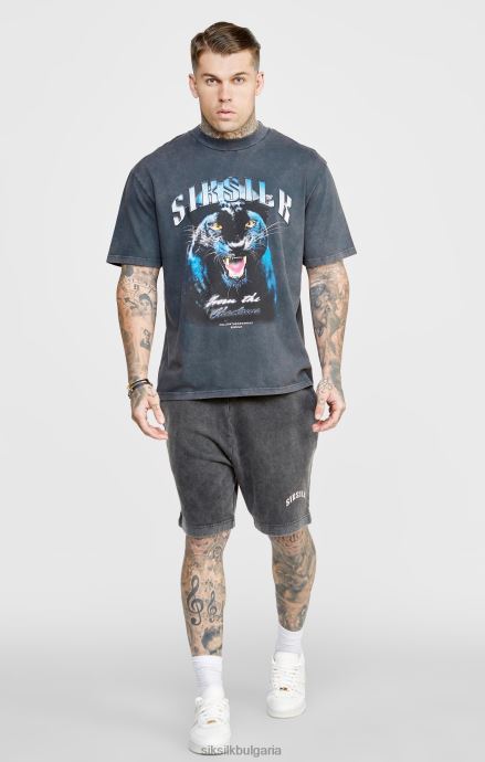 облекло SikSilk черни спокойни къси панталони с графики мъже 486F8567