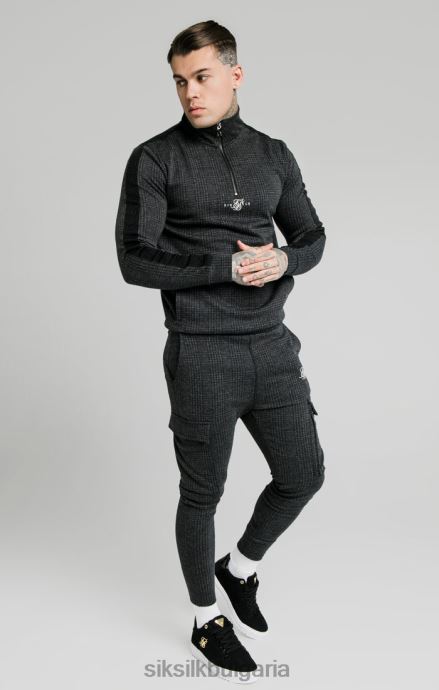 облекло SikSilk качулка с четвърт цип в каре в тон - сива мъже 486F8450