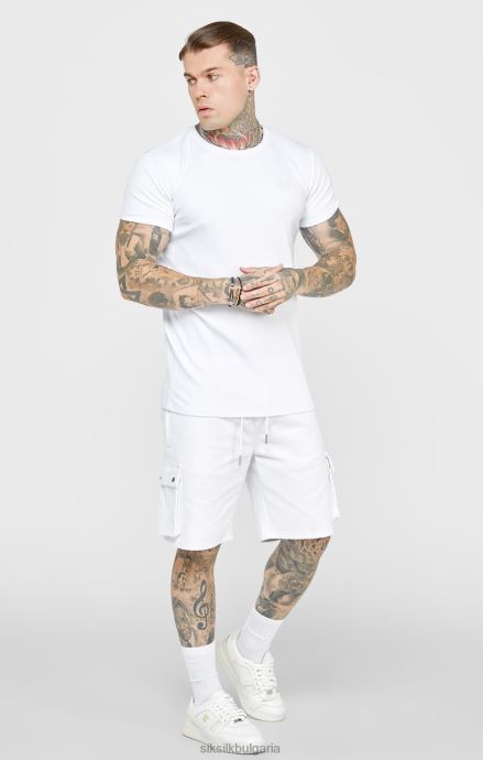 облекло SikSilk бяла плетена тениска с ребра мъже 486F8381