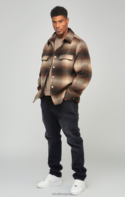 облекло SikSilk тениска с кафяво каре с щамповано лого мъже 486F8467