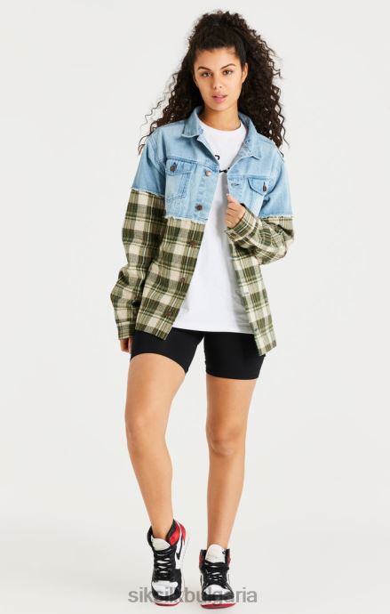 облекло SikSilk зелено карирано контрастно дънково яке мъже 486F8496